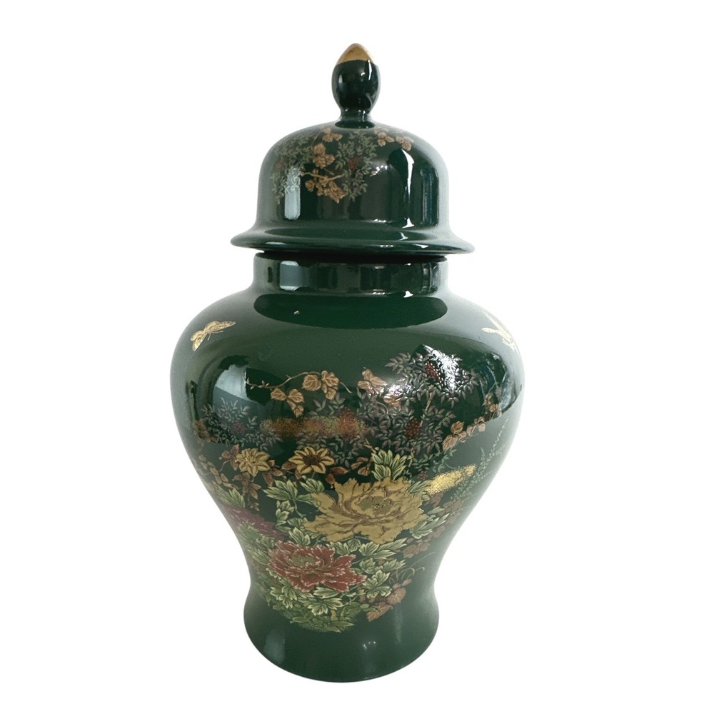 Asahi Japan Ginger Jar Forest Green Floral Butterfly Gold Finial 8 Inch Vintage